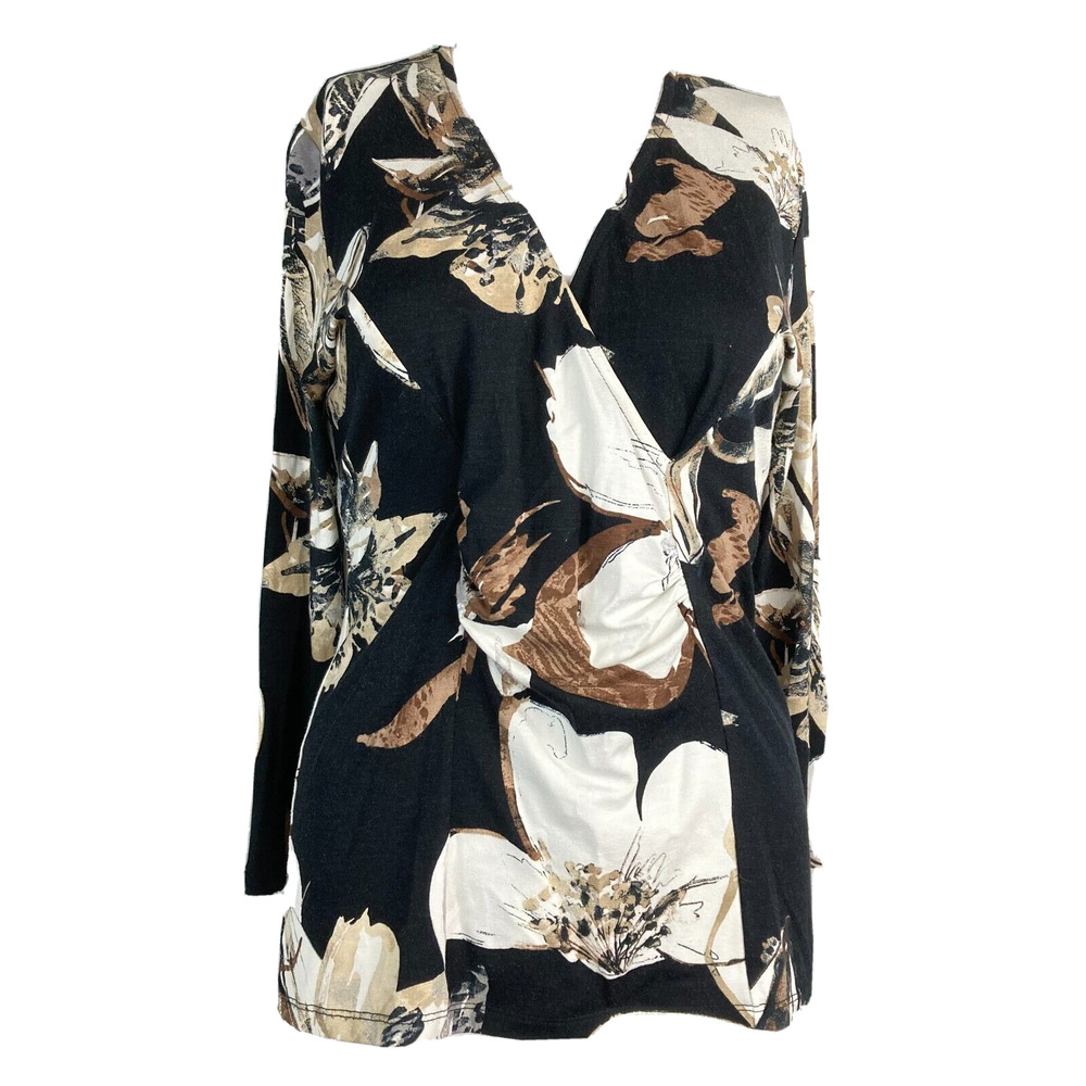 Elliott Lauren Shirt Womens Sz S Black Floral Knit Stretch Wrap Effect Top